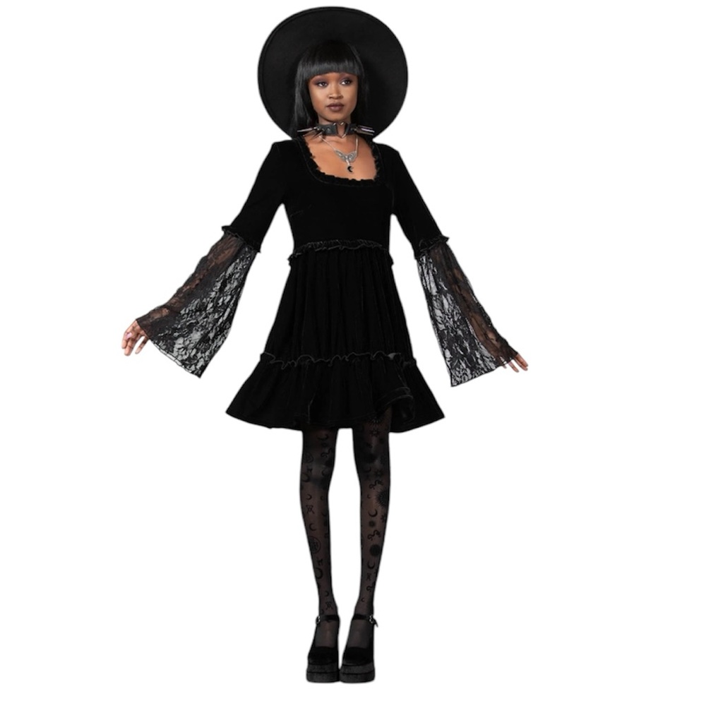 Killstar Prudence Black Velvet Goth Lace Bell Sleeves Oversized Dress XL NWT - Picture 5 of 15